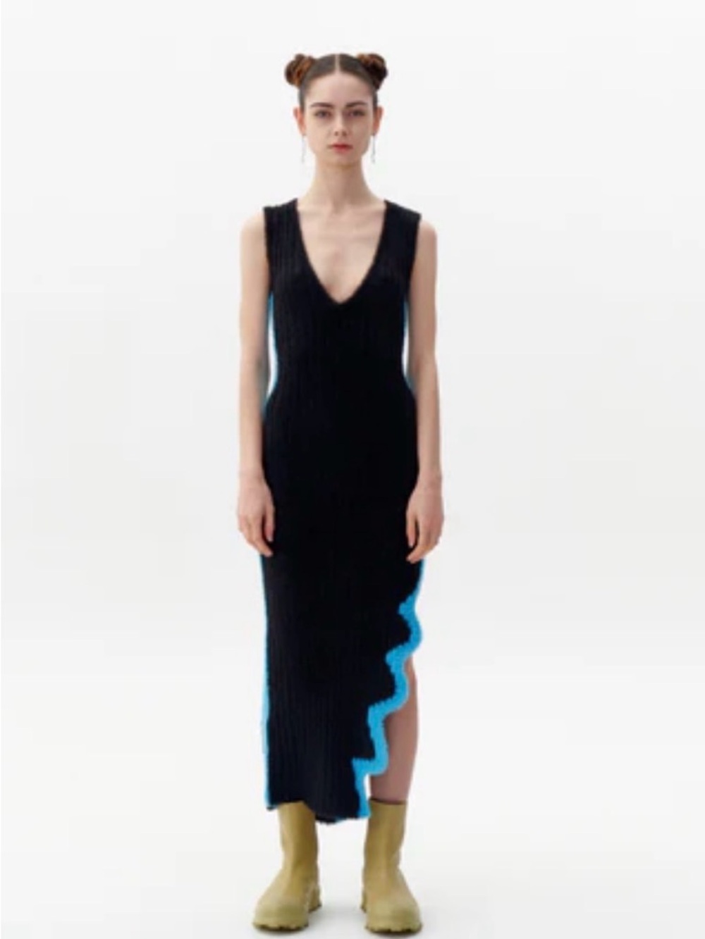 NWT PH5 Faux Fur Reversible Ribbed Midi Dress with Blue Wave Trim